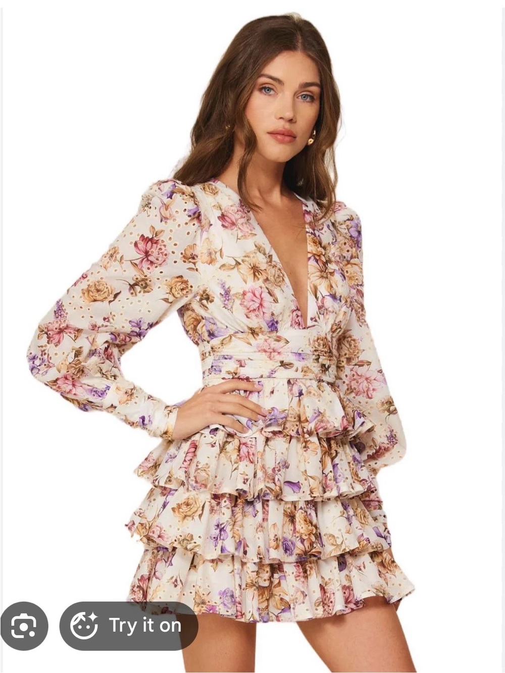 Line & Dot Floral Ruffle Mini Dress in Ivory with Pink and Purple Accents